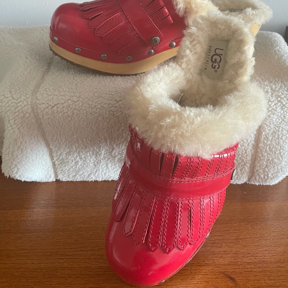 Red Patent Leather Australian UGG clogs with fringe and Genuine Sheepkin